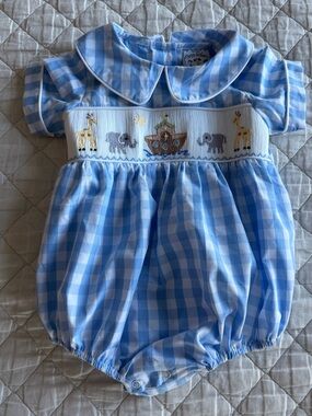Three Sisters Blue Gingham Smocked Noah's Ark Bubble Romper (12 Months)